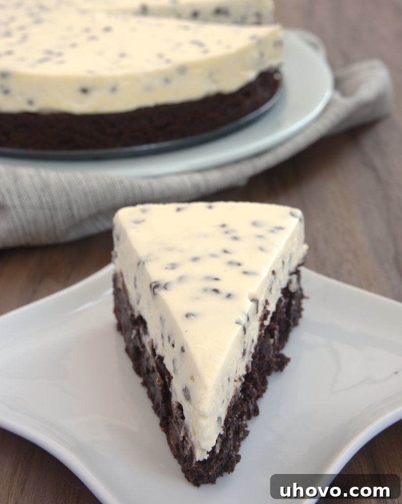 Slice of Chocolate Chip Cheesecake with a distinct brownie crust on a square white plate