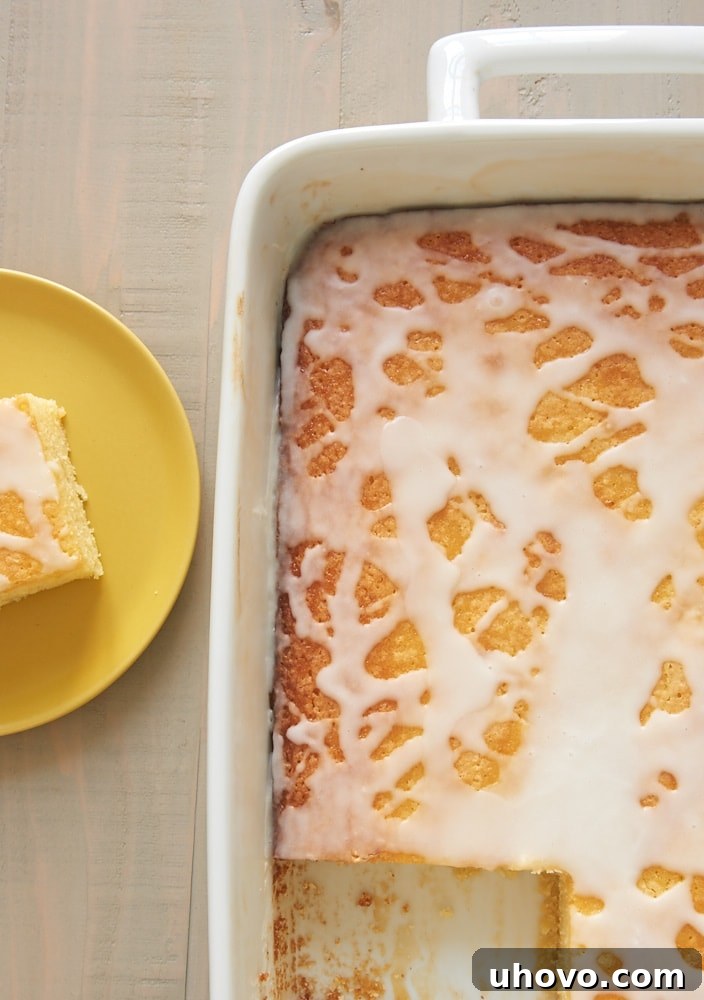 overhead view of golden-brown Lemon Pound Cake Bars in a white baking pan, ready for glazing
