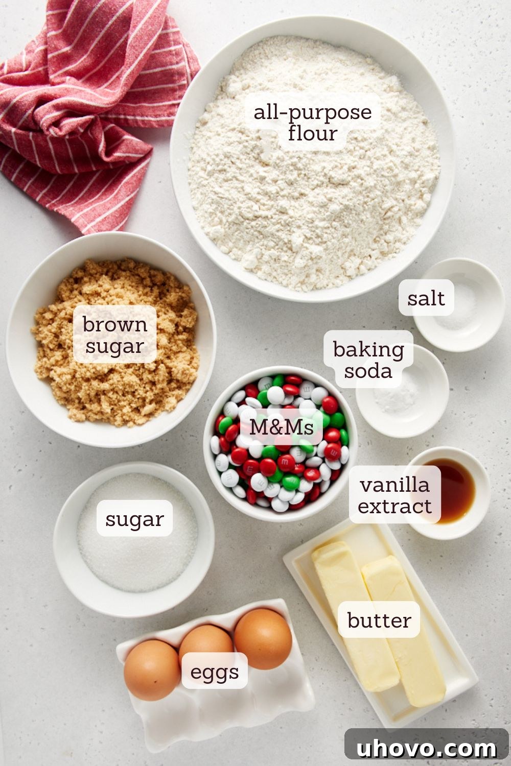 overhead view of ingredients for M&M Christmas Cookies