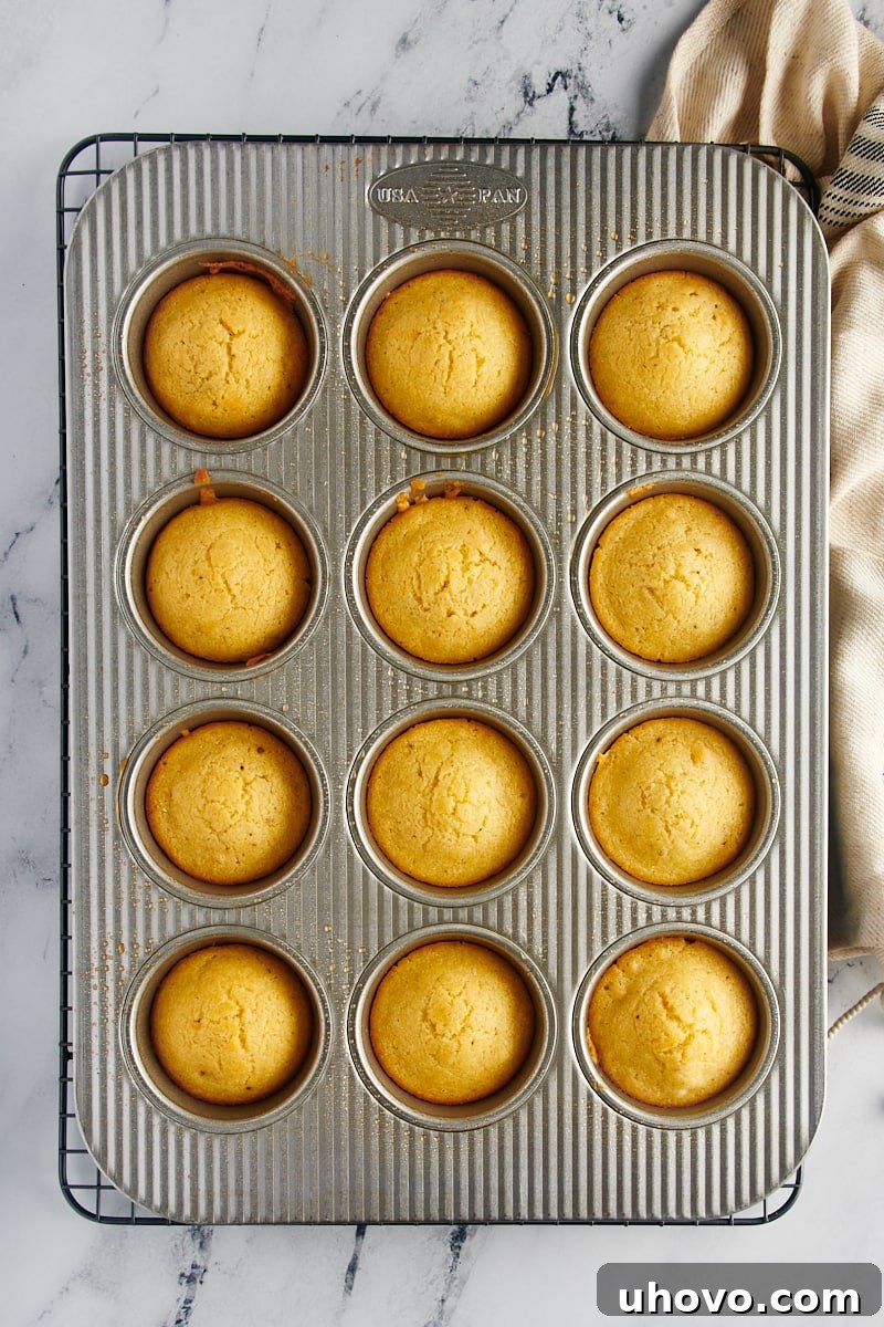 A batch of freshly baked, golden-brown corn muffins cooling in their muffin tin on a wire rack, steam gently rising.