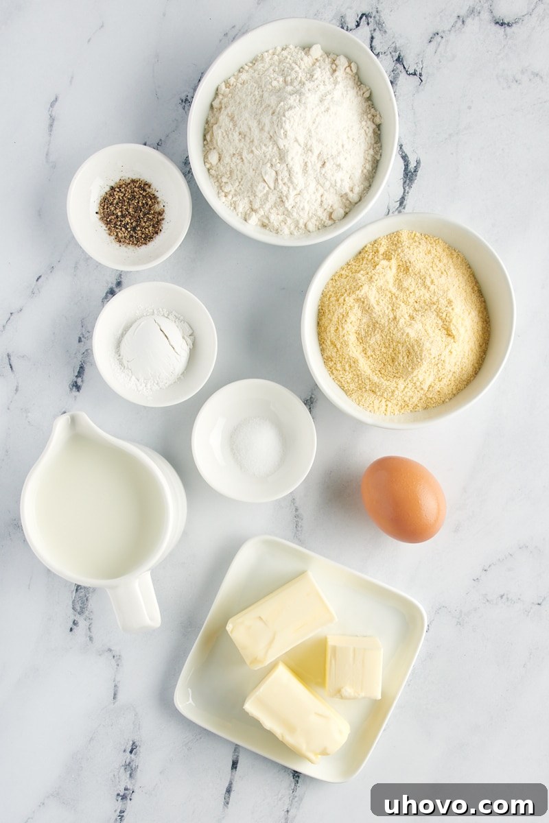 Neatly arranged ingredients for corn muffins, including flour, cornmeal, butter, egg, and milk, laid out on a clean surface.