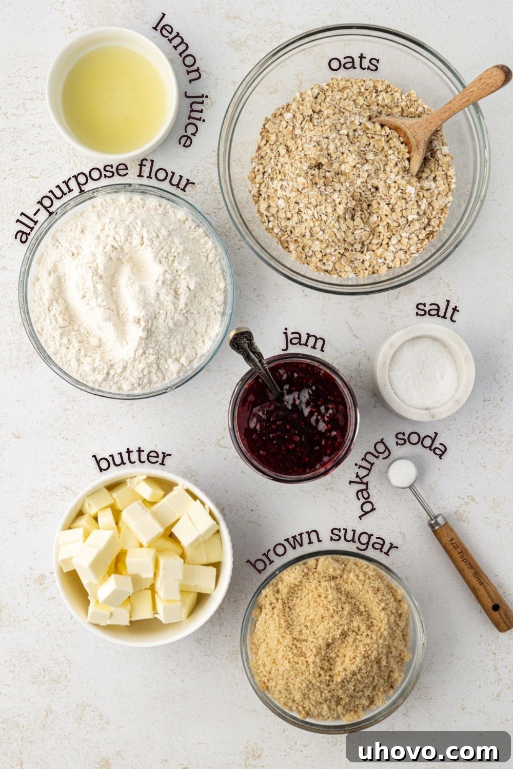 overhead view of ingredients for raspberry oatmeal bars