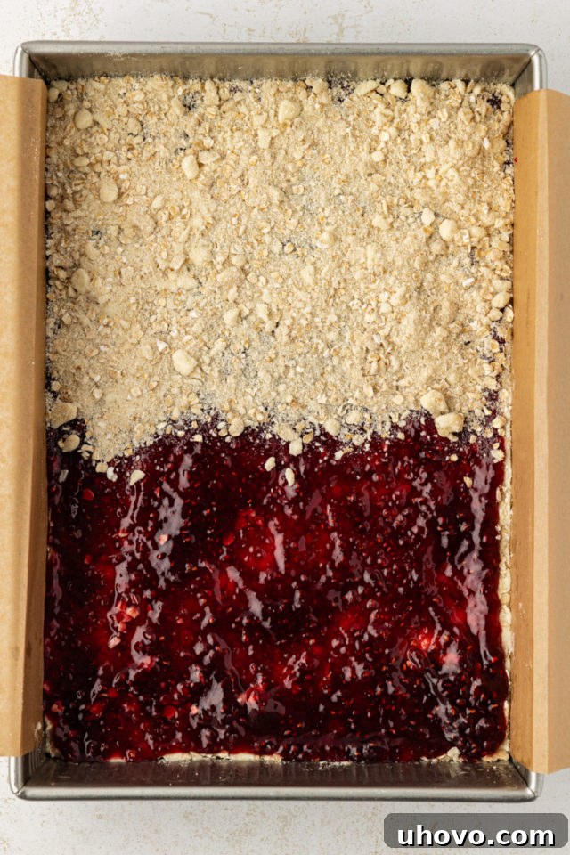 overhead view of raspberry jam spread onto oat crust and partially topped with oat topping