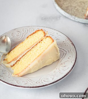 A delightful slice of Caramel Cake with Caramel Cream Cheese Frosting, artfully presented on a plate with a spoon, highlighting its inviting layers and luscious texture.