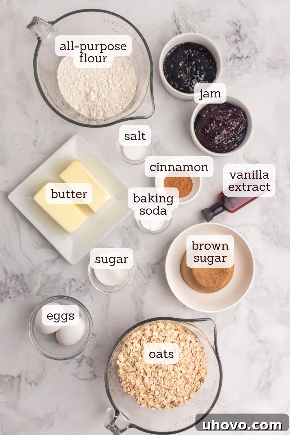overhead view of ingredients for oatmeal thumbprint cookies