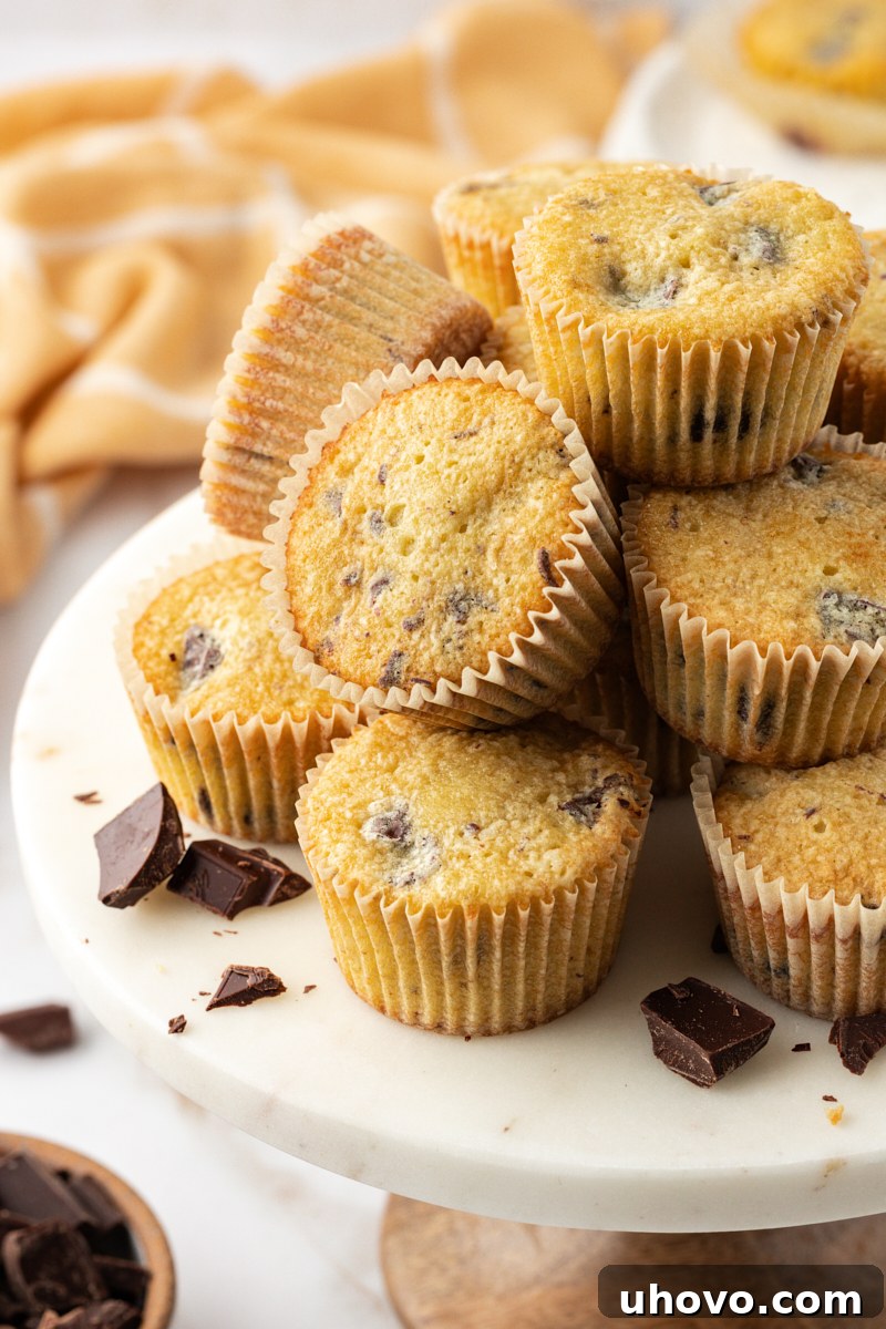 chocolate chunk cupcakes piled on a cake stand