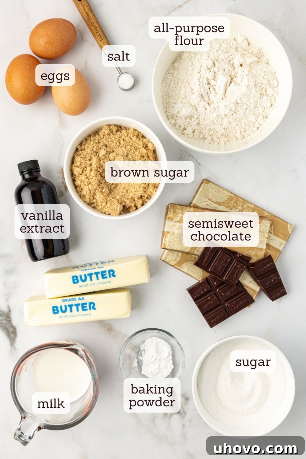 overhead view of ingredients for chocolate chunk cupcakes