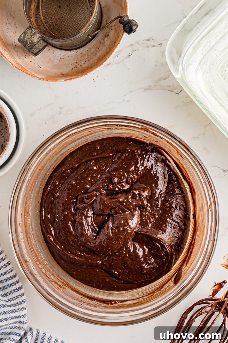 Overhead view of the finished brownie batter in a mixing bowl, perfectly combined and ready for baking.