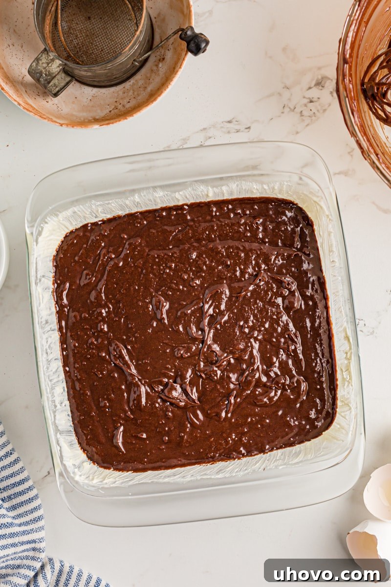 Overhead view of rich chocolate brownie batter spread evenly in a glass baking pan, ready for the oven.
