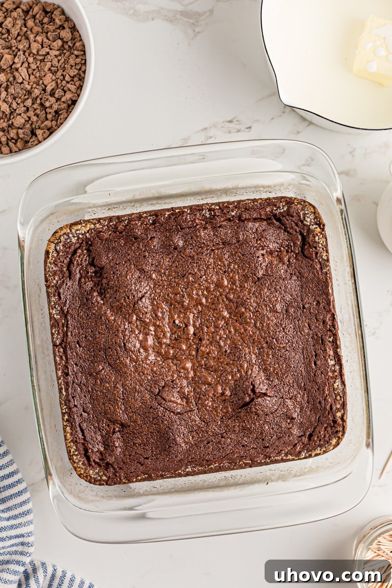 Overhead view of freshly baked chocolate mascarpone brownies cooling in their square glass baking pan.