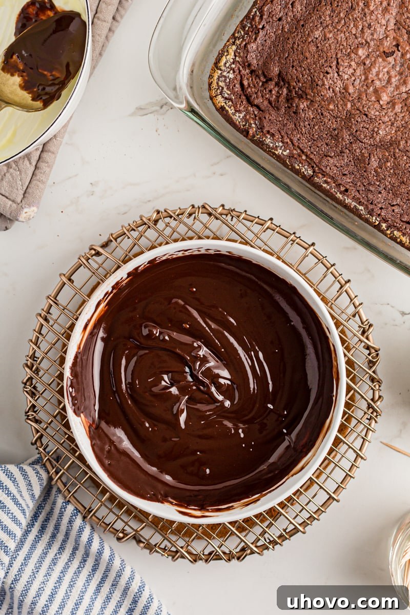 Overhead view of rich, smooth chocolate ganache in a mixing bowl, perfectly emulsified and ready to use.