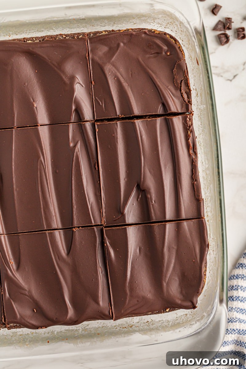 A pan of perfectly cut chocolate mascarpone brownies, ready for serving.