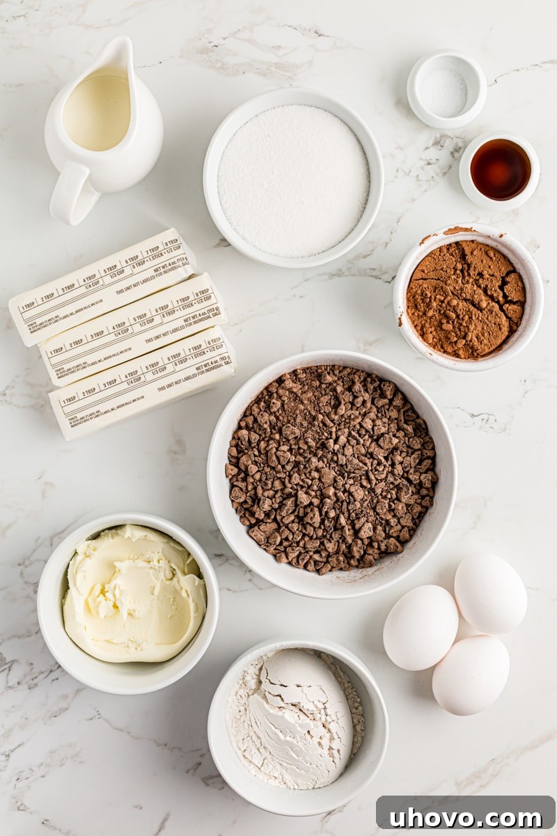 Overhead view of various ingredients neatly laid out for chocolate mascarpone brownies preparation.