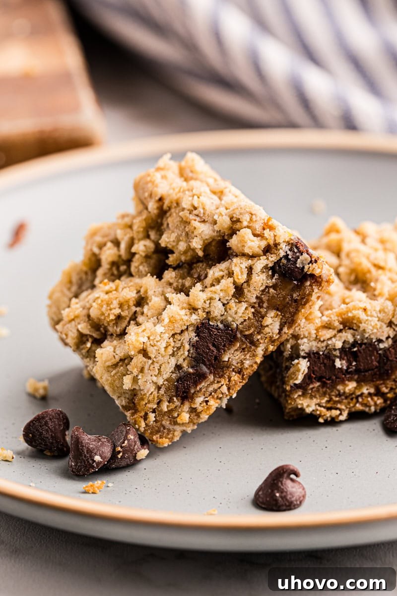 Two caramel oatmeal bars presented beautifully on a simple white plate, ready to be enjoyed.