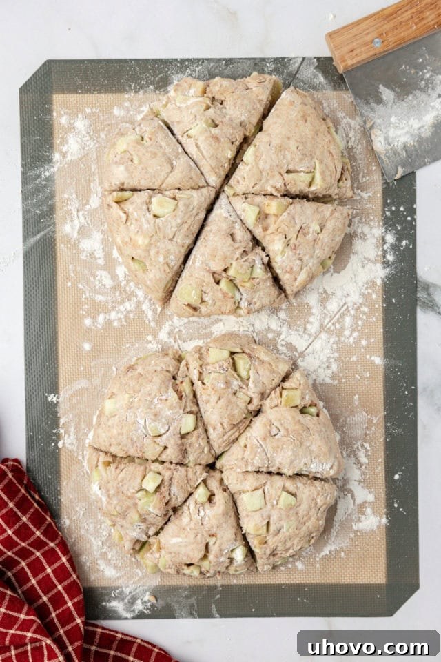 Overhead view of apple cinnamon scones dough on a floured silicone mat, cut into triangles.
