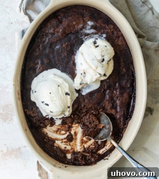 overhead view of Brownie Pudding Cake in an oval baking dish with ice cream scoops