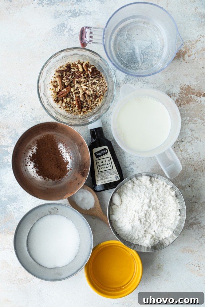 A collection of fresh, high-quality ingredients neatly laid out on a clean countertop, ready for making the Brownie Chocolate Pudding Cake, including flour, sugar, cocoa powder, milk, oil, vanilla, and a bowl of chopped nuts.