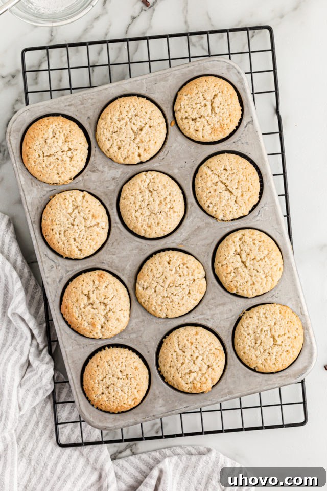 Overhead view of chocolate-filled cupcakes in a muffin pan, cooling on a wire rack.