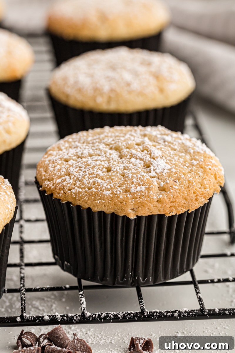 A batch of chocolate-filled cupcakes arranged neatly on a wire cooling rack.
