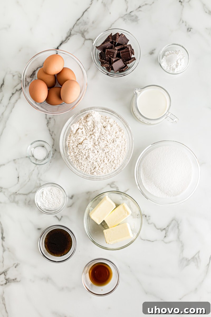 Overhead view of all ingredients for chocolate-filled cupcakes laid out on a kitchen counter, including flour, sugar, butter, eggs, milk, vanilla, and a bar of bittersweet chocolate.