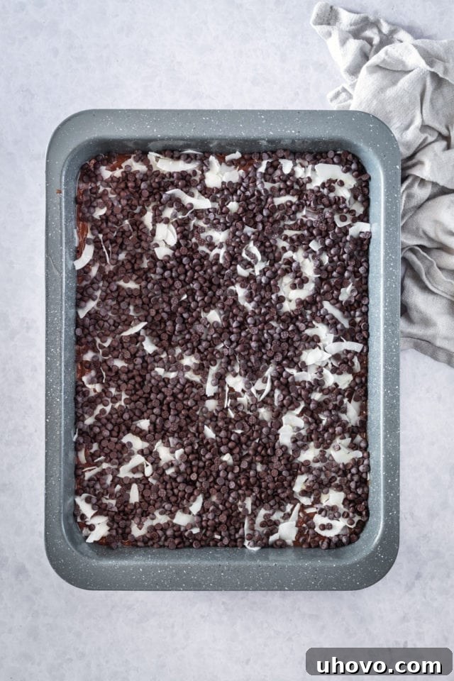 overhead view of a layer of both coconut and additional chocolate chips sprinkled over the brownie batter in a baking pan