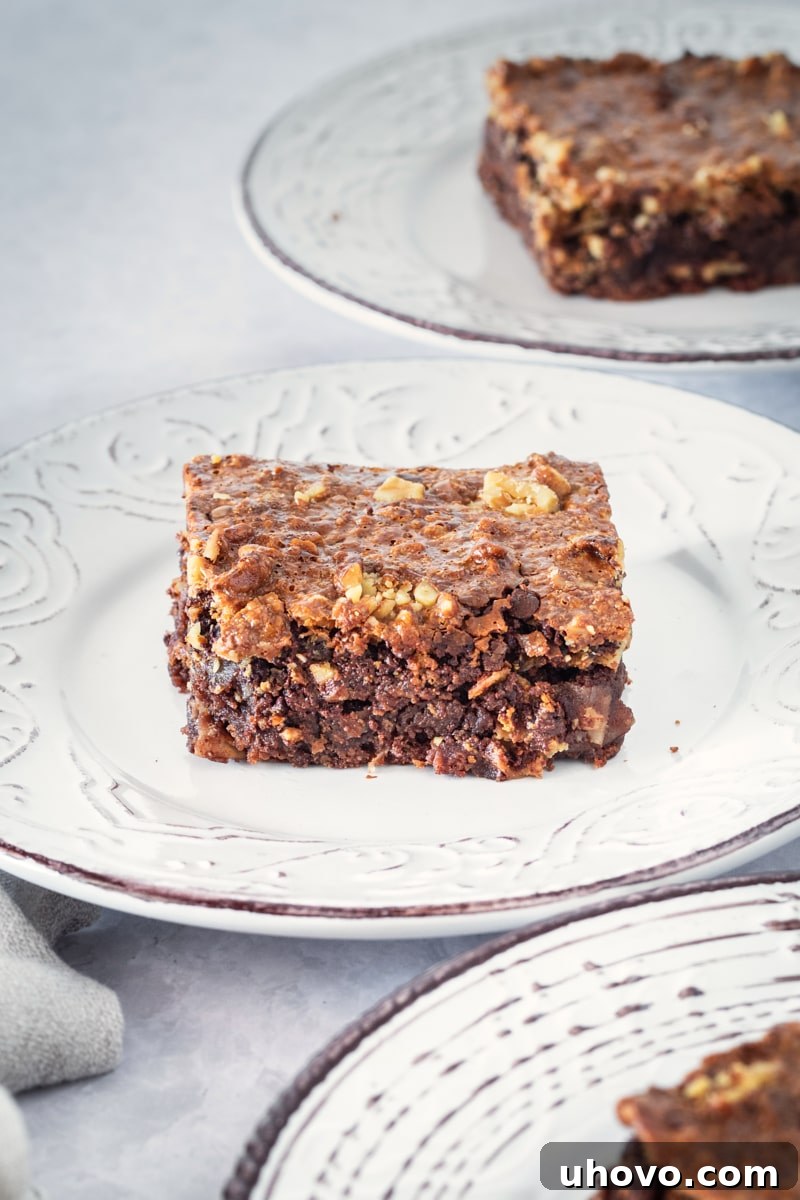 Various caramel coconut pecan brownies arranged invitingly on pristine white plates, highlighting their texture and appealing toppings.