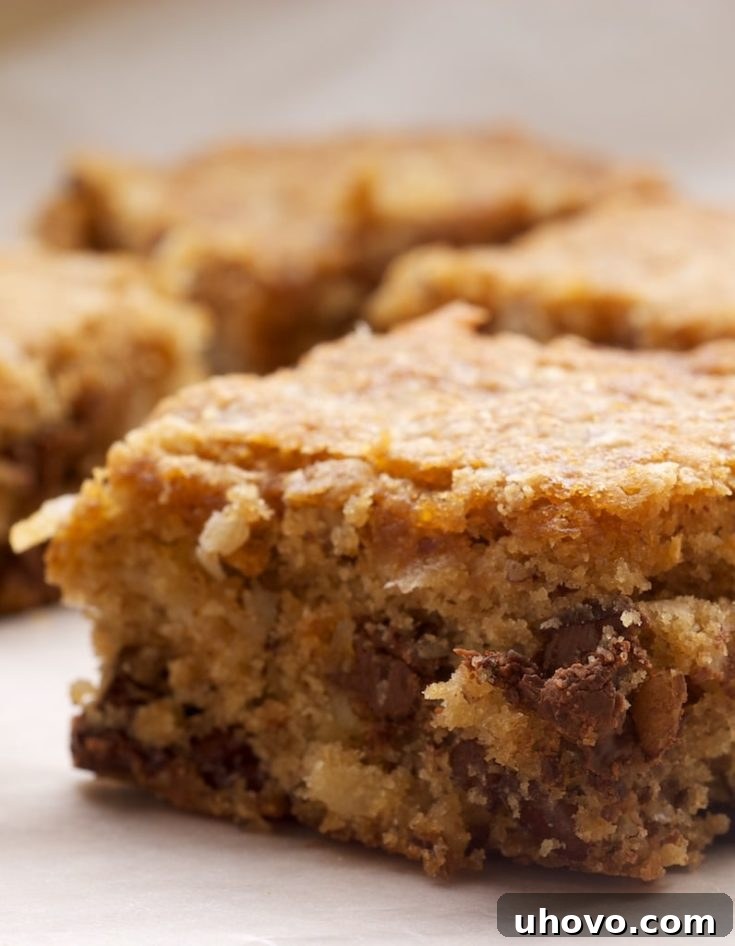 Delicious coconut pecan blondies with rich brown sugar and melty chocolate chips, ready to be enjoyed.
