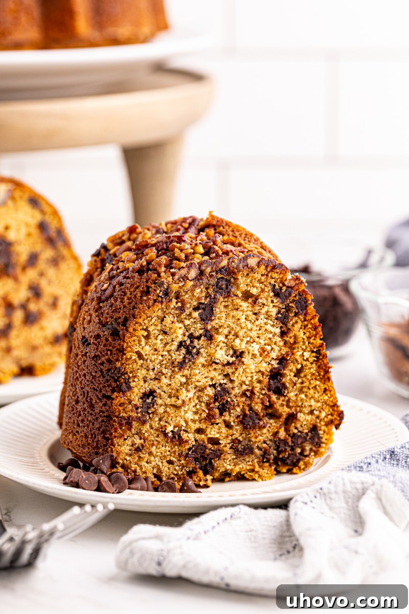 A beautifully sliced chocolate chip Bundt cake resting on a pristine white plate, showcasing its moist texture and chocolate chunks.