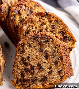 Slices of chocolate chip Bundt cake arranged on a white cake plate.