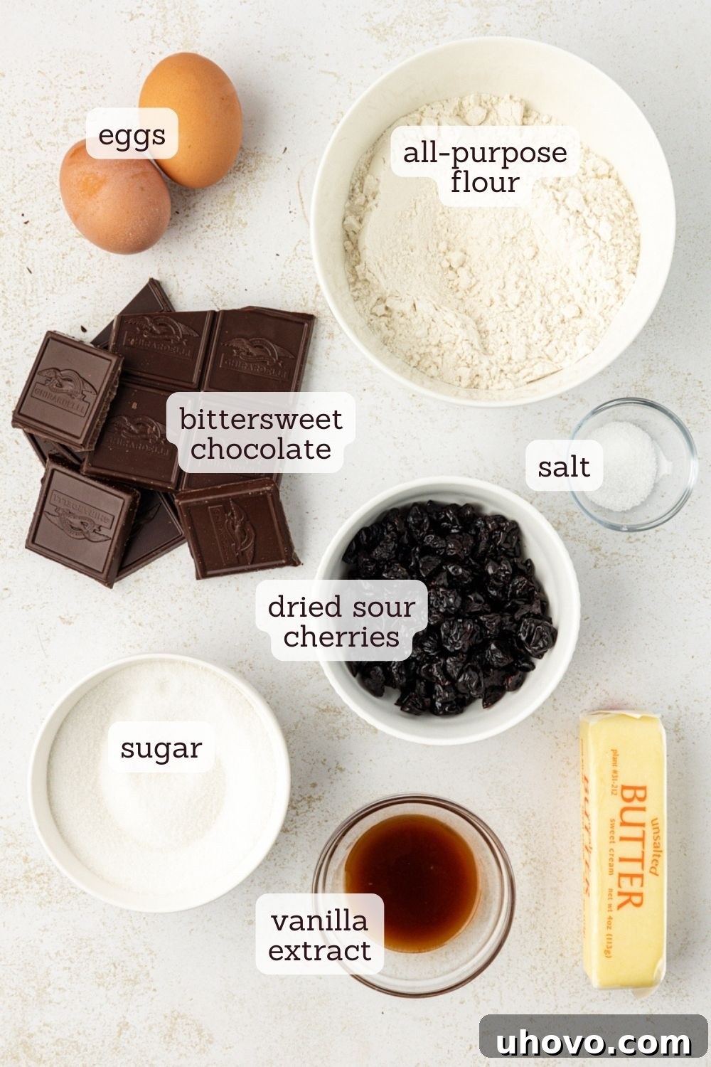 Overhead view of ingredients for dark chocolate sour cherry brownies, neatly arranged and labeled, including chocolate, butter, flour, sugar, eggs, vanilla, and dried cherries.