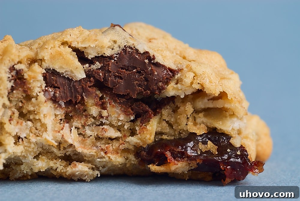 A close-up shot of a half-eaten Dark Chocolate Chunk and Dried Cherry Oatmeal Cookie, revealing the chewy oats, rich chocolate, and vibrant red cherries within.