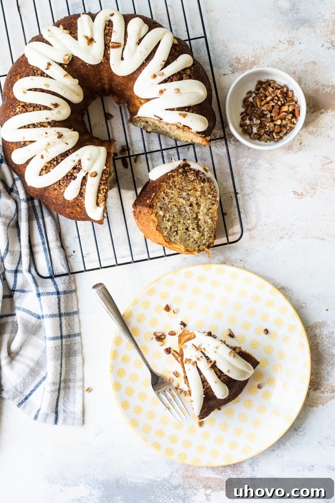 Overhead view of Hummingbird Bundt cake on plate with fork and on wire rack