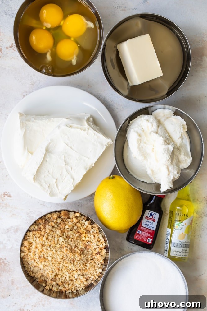 Ingredients for Limoncello Cheesecake Squares laid out on a kitchen counter