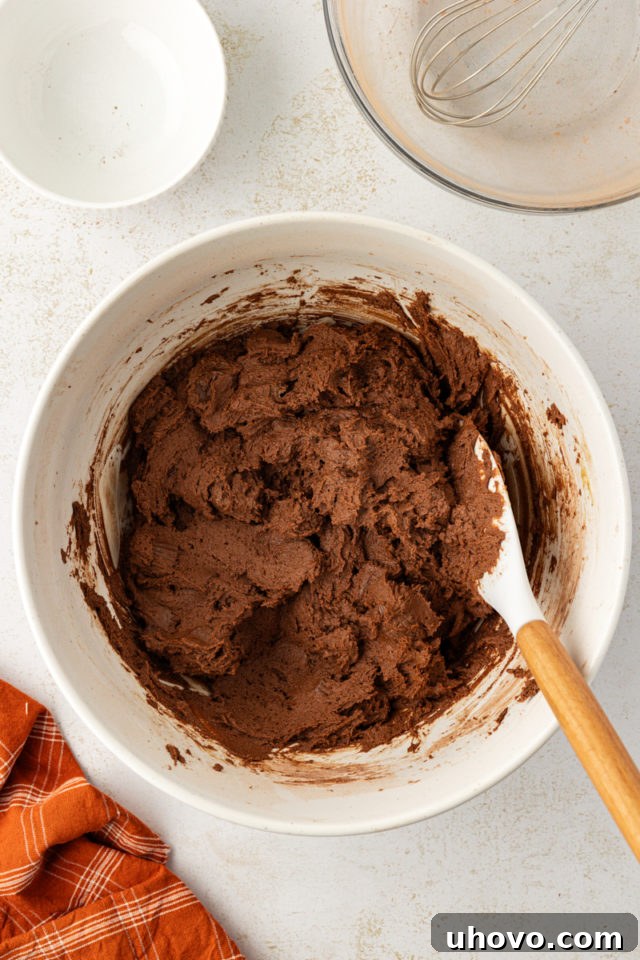 overhead view of mixed chocolate peanut butter cookie dough in a white mixing bowl