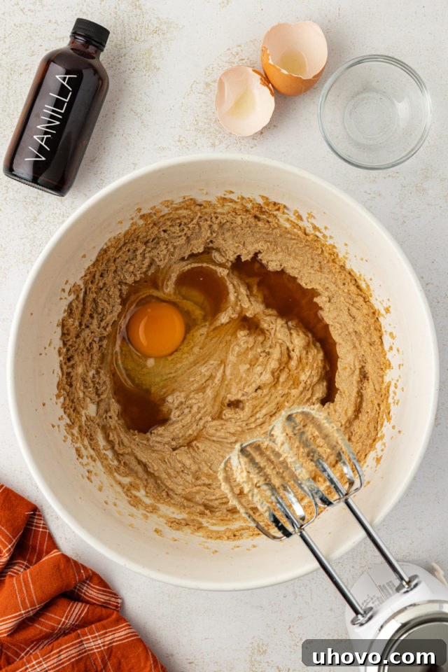 overhead view of egg and vanilla added to creamed butter and sugar