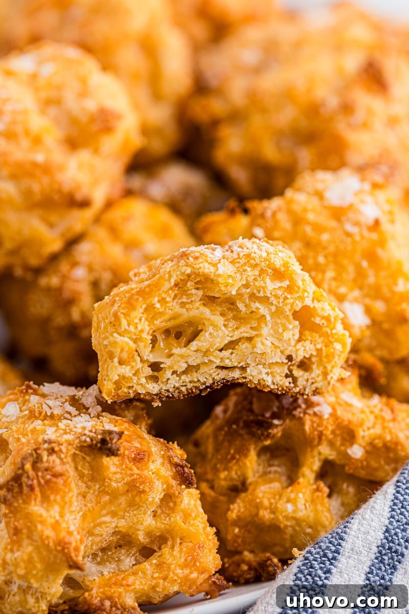 Closeup of a gougère sliced in half, revealing its perfectly airy, hollow interior and crispy golden crust.