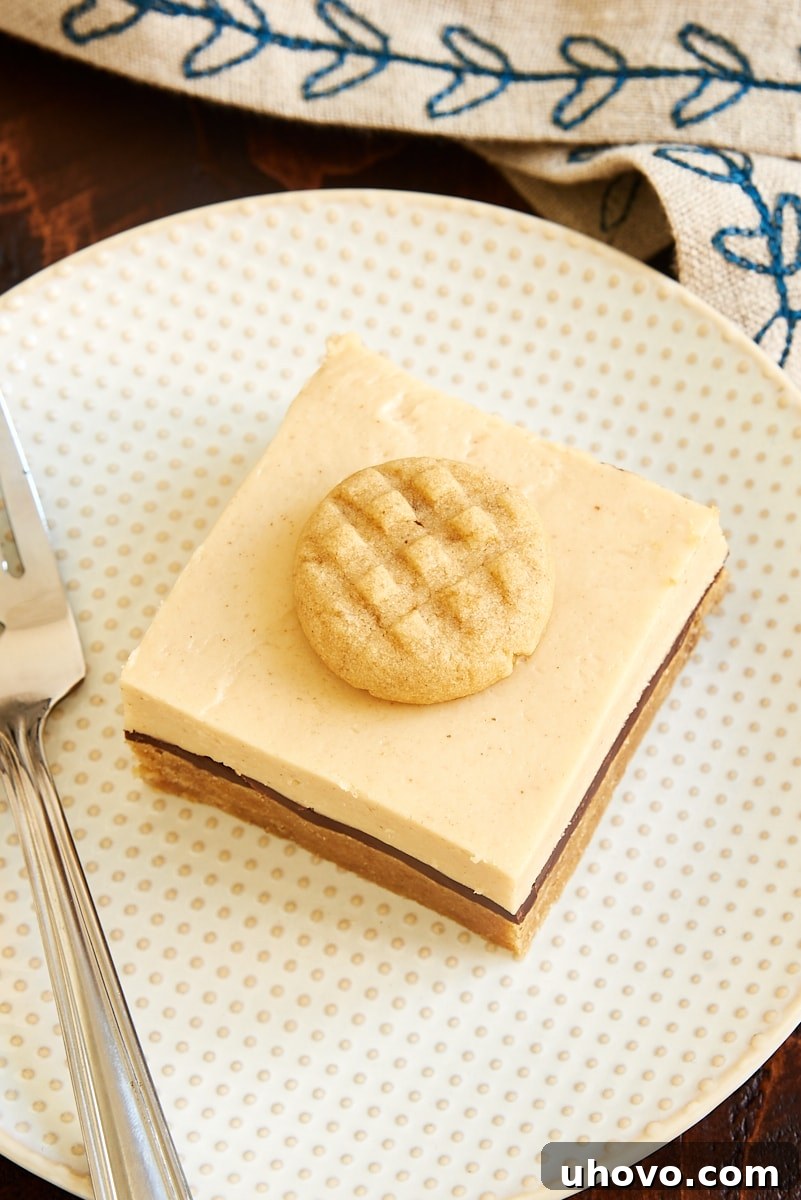 a Peanut Butter Cheesecake Bar on a white and beige plate