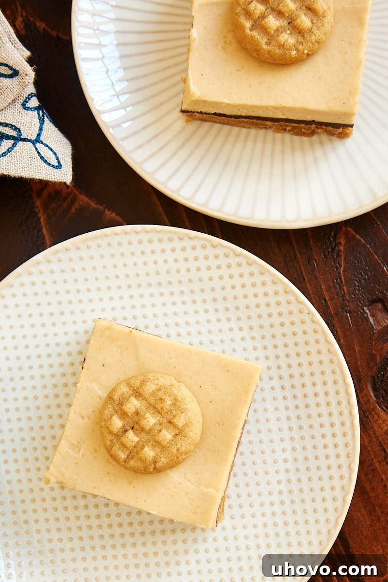 overhead view of two Peanut Butter Cheesecake Bars on white and beige plates