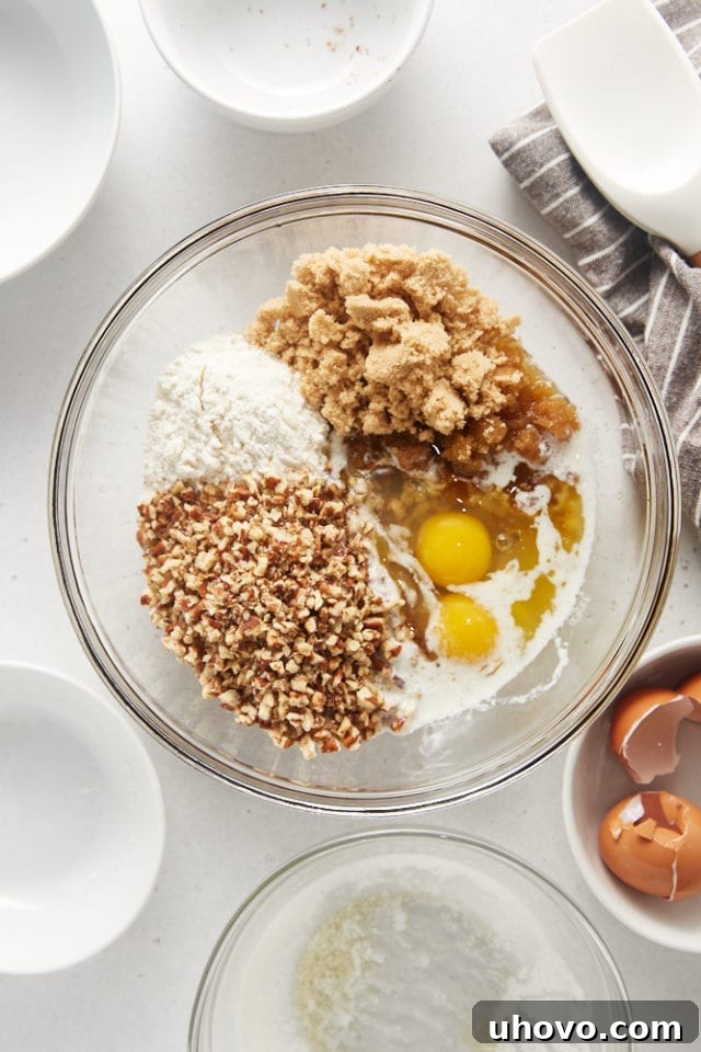 overhead view of Pecan Pie Cupcake ingredients in a glass mixing bowl