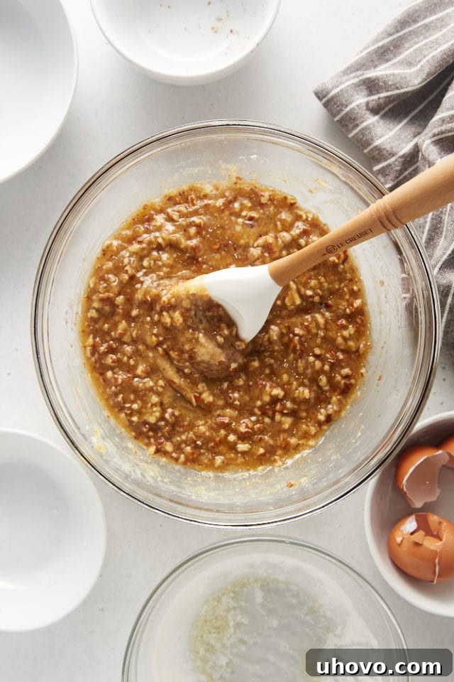 overhead view of Pecan Pie Cupcake batter in a glass bowl