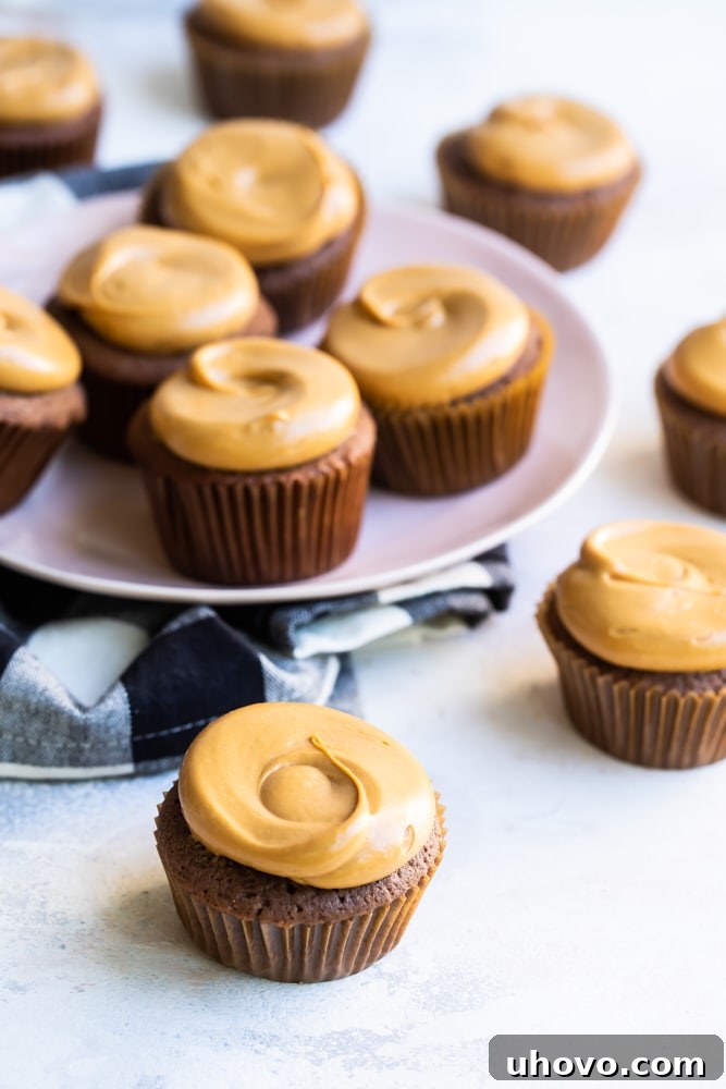 Mexican chocolate cupcakes with plate of cupcakes on cloth napkin in background