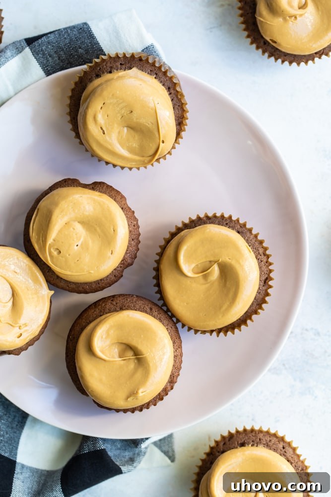 overhead view of Mexican Chocolate Cupcakes with Dulce de Leche Frosting on a white plate