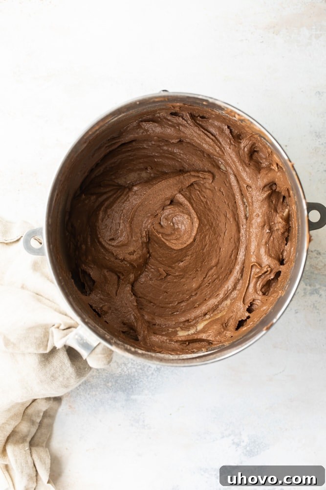 mixed batter for Mexican Chocolate Cupcakes in a stand mixer bowl