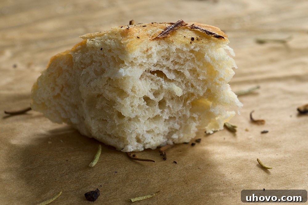 A close-up of a slice of focaccia bread, revealing its airy texture, golden-brown crust, and the tender, thinly sliced onions and aromatic rosemary baked into its surface. It's placed on a rustic baking sheet, inviting a taste.