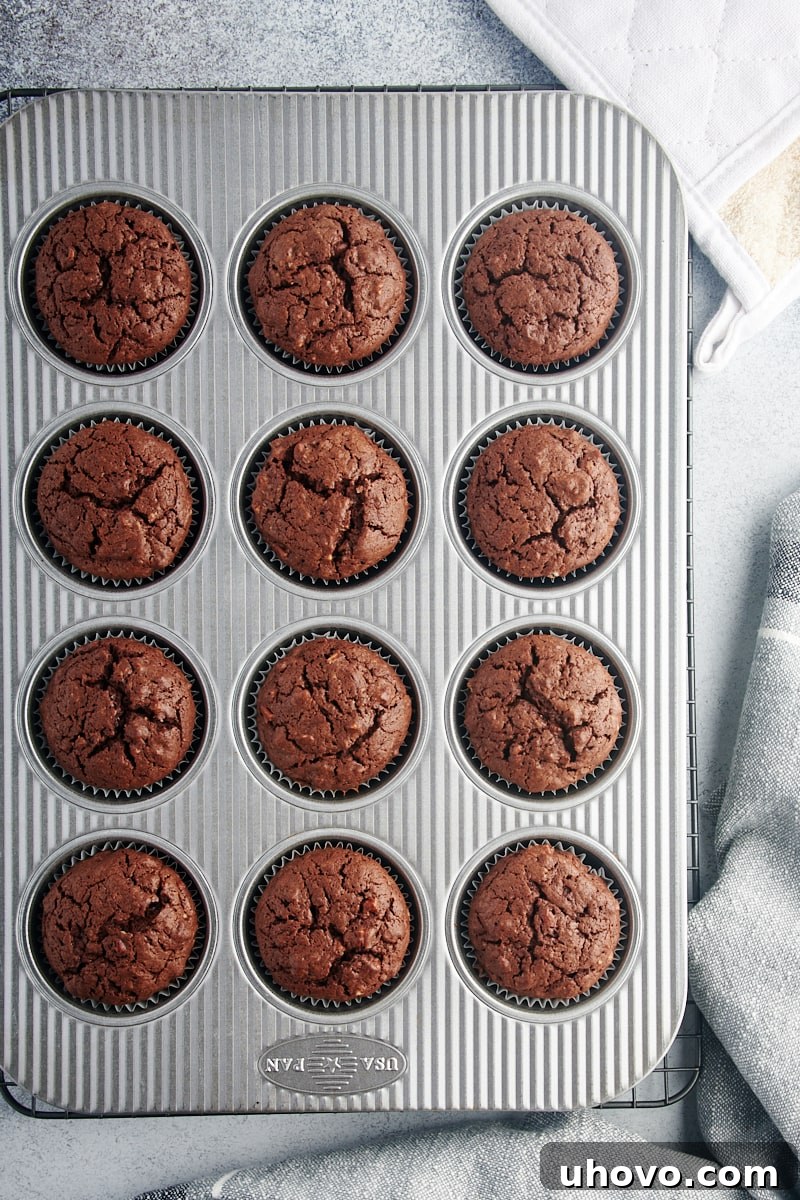 Overhead view of brownie cupcakes in muffin tin