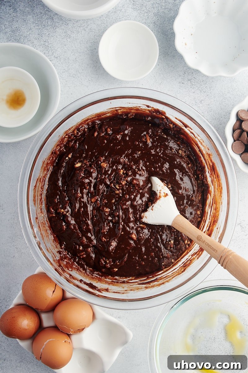 Overhead view of brownie batter in mixing bowl
