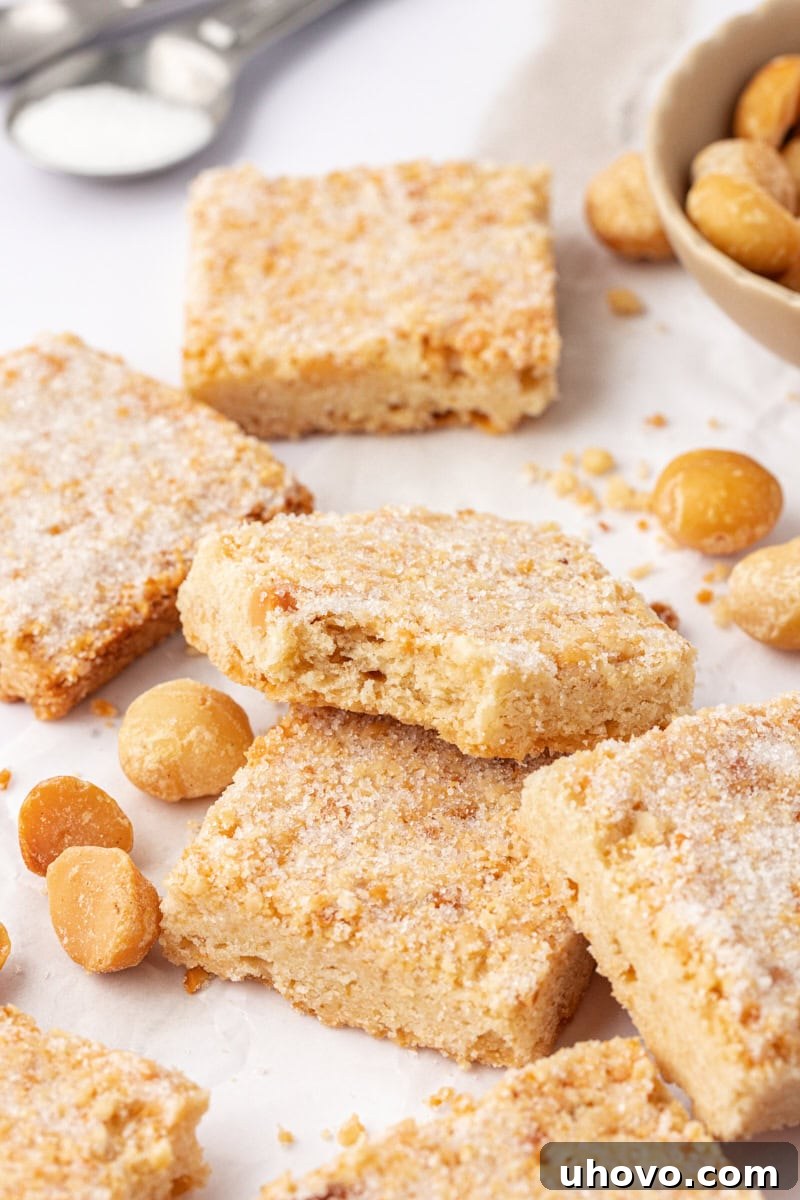 macadamia shortbread scattered on a marble countertop
