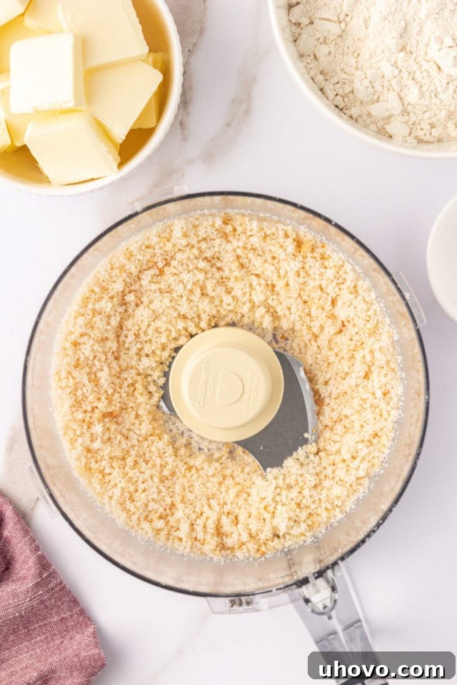 overhead view of ground macadamias and sugar in the bowl of a food processor