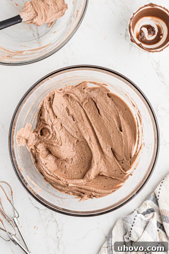 Overhead shot of the finished chocolate hazelnut mousse in a bowl, looking light and airy after all whipped cream is folded in.