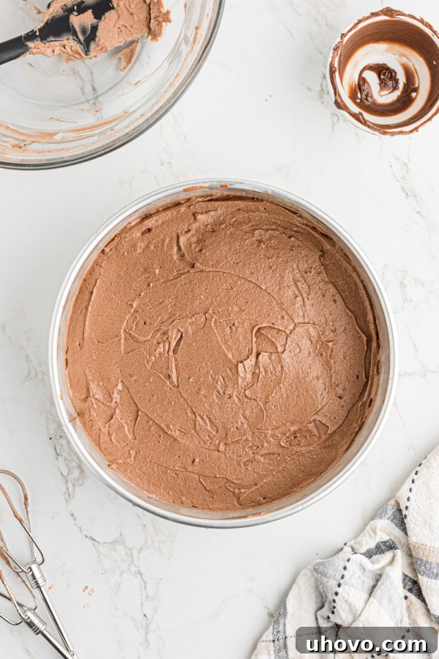 Overhead view of the smooth chocolate hazelnut mousse spread evenly over the shortbread crust in the springform pan, ready for chilling.